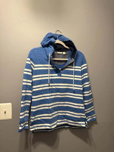 L.L.Bean Women's Blue Striped Henley Hoodie with Katahdin Logo, Size S