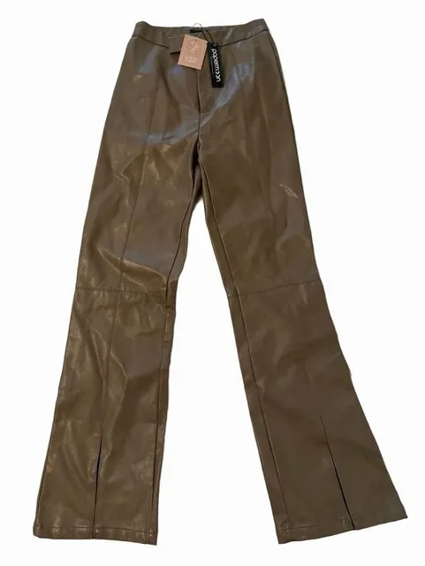 Papermoon Faux Leather Pants Womens S Brown High Rise Flare Y2K Split Hem NWT