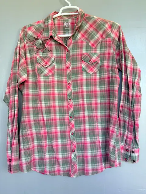 Rock 47 by Wrangler Western Plaid Shirt Size XL Pink Green Embroidered