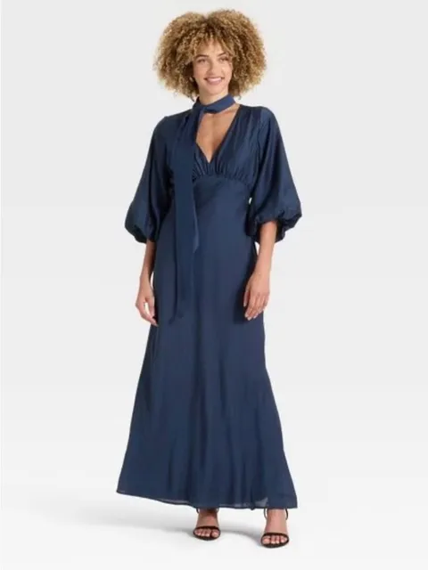 a new day Navy Tie-Neck Maxi with Puff Sleeves women M