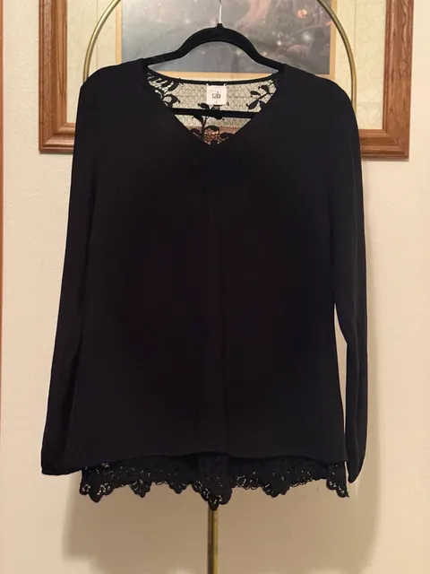 Cabi Black Long Sleeve Lace Trim Top Size S