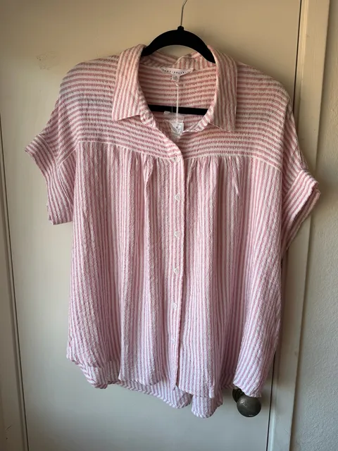 Jane & Delancey Button-Up Shirt Size XL Pink White Striped Short Sleeve