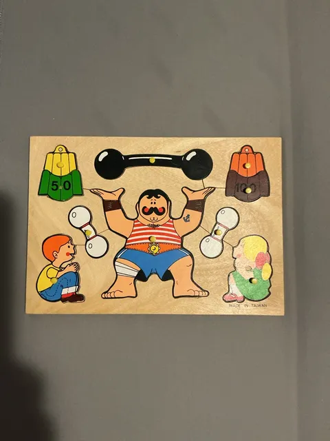 Vintage Wooden Peg Puzzle Strong Man Circus Theme Made In Taiwan