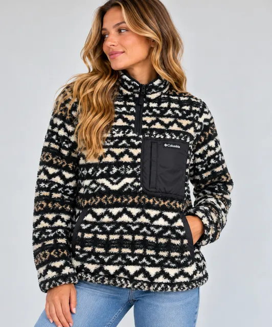 Columbia Printed Fleece Pullover Black White Pattern Size Medium