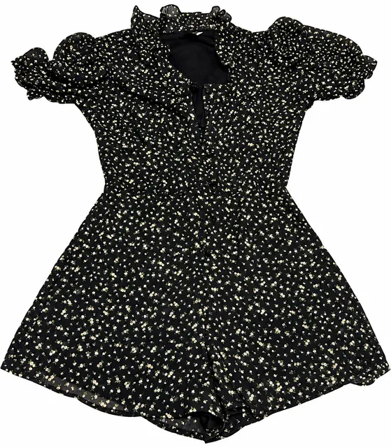 Divided H&M Floral Romper Size XXS Black Yellow Chiffon Ruffle Collar