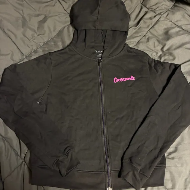 Crossroads Zip Up Hoodie Size Small Black Pink Script Logo