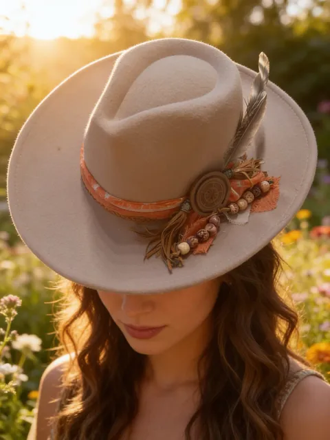 Boho Chic Felt Fedora Hat Taupe Orange Beaded Feather Band