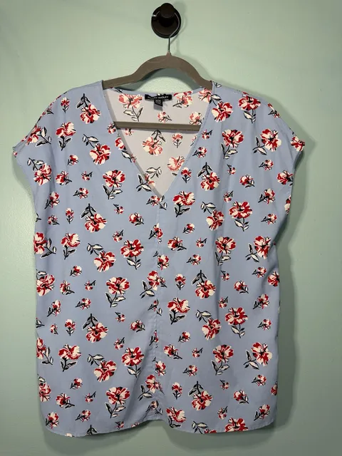 Hilary Radley Floral Blouse Size M Blue Red V-Neck Short Sleeve