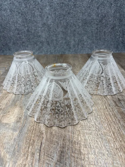 3-Antique Acid Etched Victorian Style Glass Lamp Shade ruffled Edge 2 1/8”Fitter