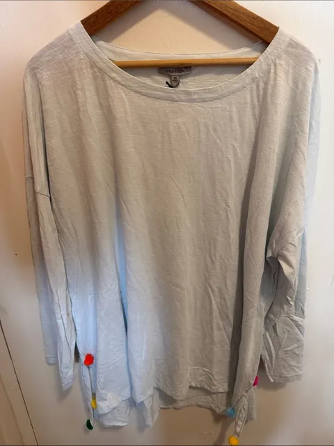 Lisa Todd Light Blue Long Sleeve Top with Pom Pom Trim