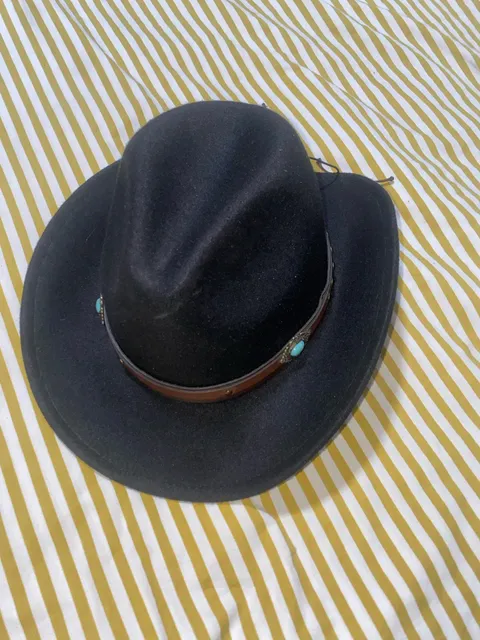 Black Western Fedora Cowboy Hat with Turquoise Concho Band