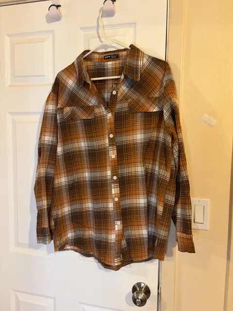 Shein Plaid Flannel Button Down Shirt Brown White