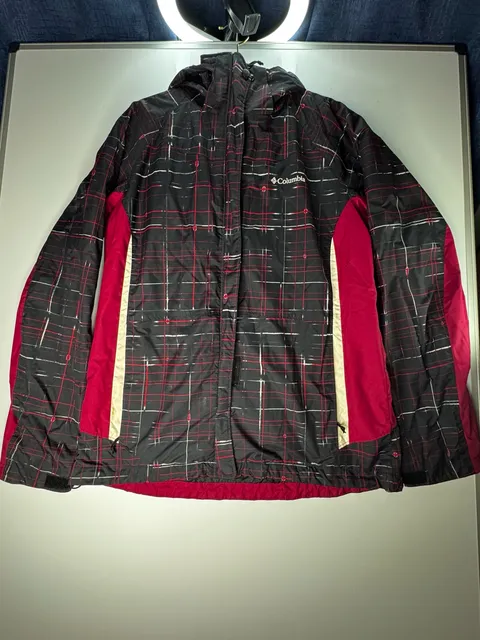 Columbia Interchange Jacket Size L Black Red Plaid Hooded Windbreaker