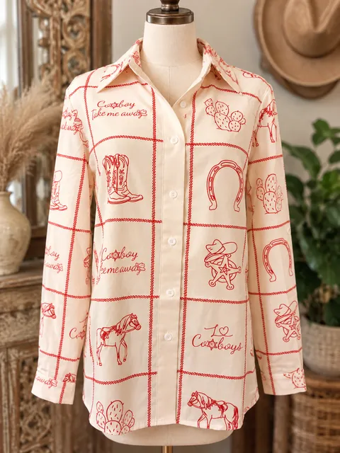 Mymore Cowboy Western Print Button Down Shirt Size S