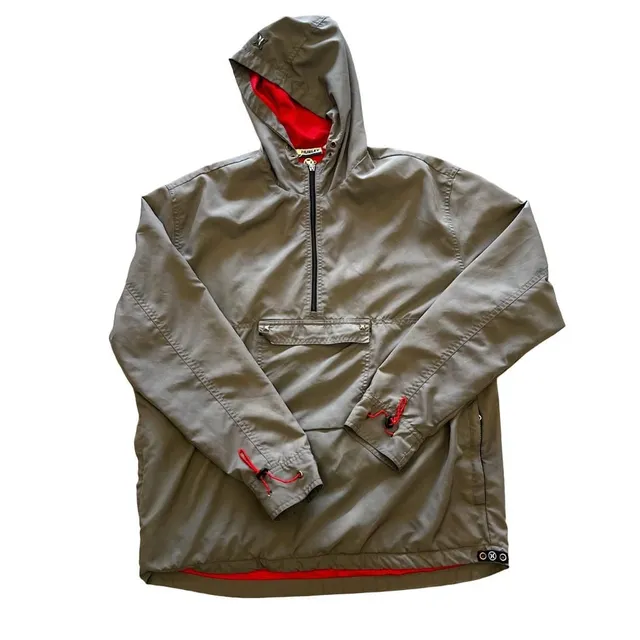 Hurley Anorak Jacket Size L Grey Red Pullover Hooded Wind Breaker Y2K Surfcore
