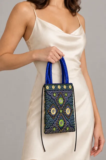 Artisan Blue Embroidered Beaded Mirror Evening Bag