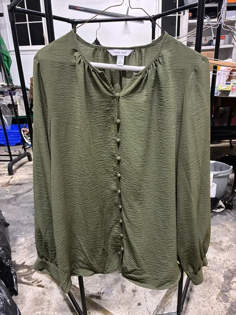 Nine West Button Front Balloon Sleeve Tunic Size L Green