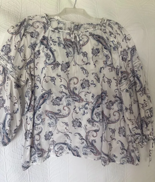 C Est 1946 Blouse Size 18/20W White Blue Paisley Long Sleeve