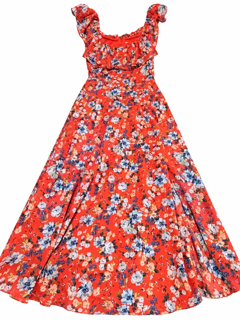 BCBGeneration Floral Ruffle Maxi Dress Size 6 Red Orange Square Neck