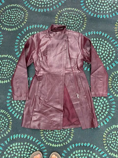 Jennyfer Faux Leather Long Jacket Size M Burgundy Asymmetrical Zip Coat