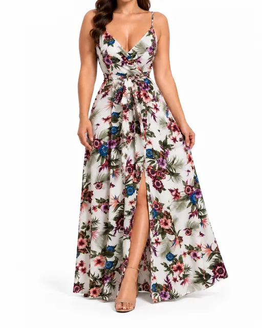 IRIS Floral Maxi Dress White Tropical V-Neck Spaghetti Strap