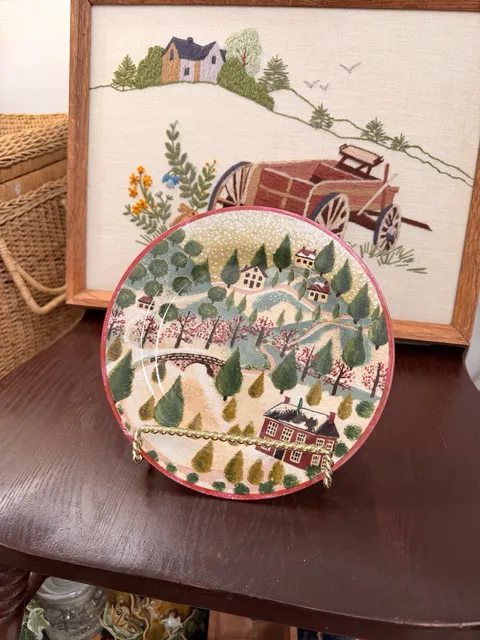 Country Village Salad Plate Winter Town Folk Art 1995 Decor Wall Plate Block
