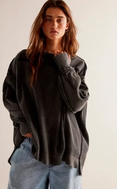 Free People Oversized Raw Edge Pullover Sweatshirt Blue