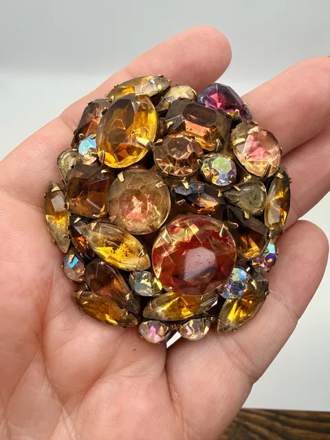 Vintage Kramer Rhinestone Cluster Brooch Amber Topaz Toned