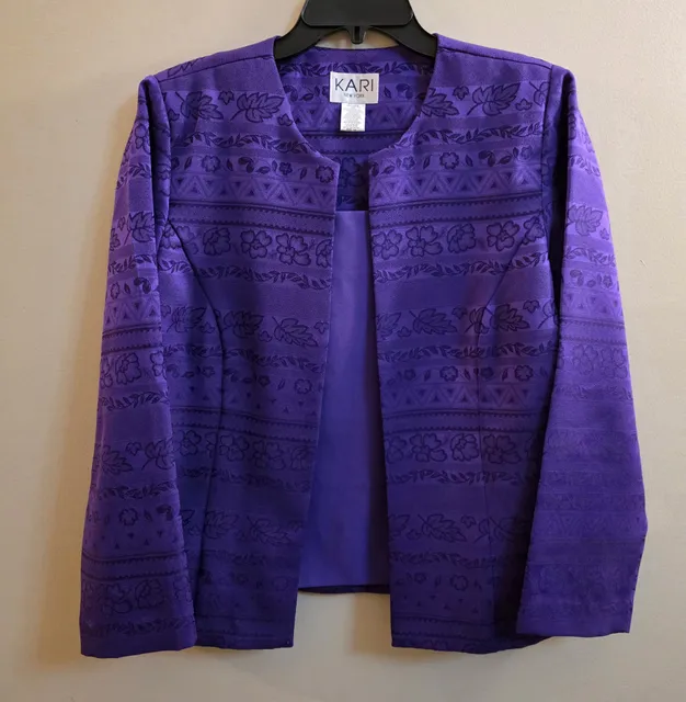 KARI New York Open Front Jacket Size 14p purple Floral Jacquard