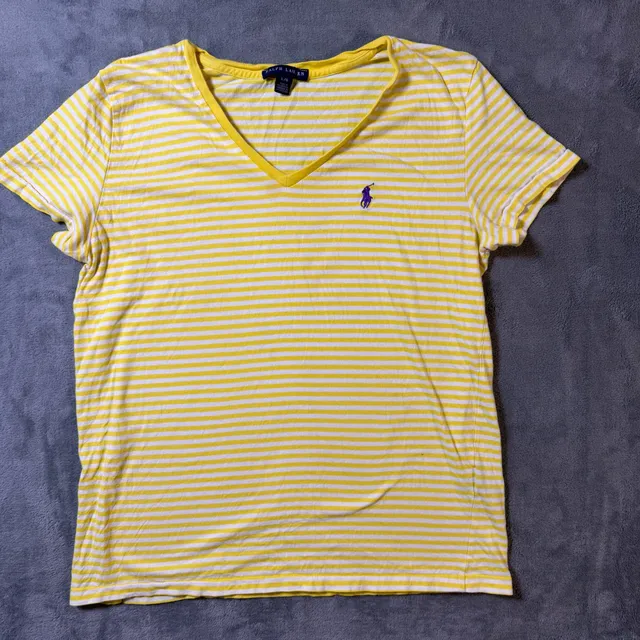 Ralph Lauren Striped V-Neck T-Shirt Size L Yellow White