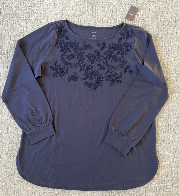 NWT Pure Jill Embroidered Neckline Tunic Size L Cotton