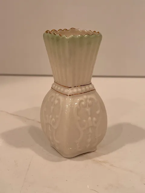 Belleek Toy Panel Vase Green Tint Gold Trim
