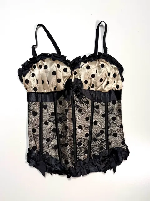 Women's Corset Bustier Top M Whimsigoth Witchy Coquette Y2K Cottage-Glam Balletcore Black Champagne Polka Dot Lace Overlay Satin Ruffle Bow Boned Lace-Up Back Side Zip Adjustable Straps