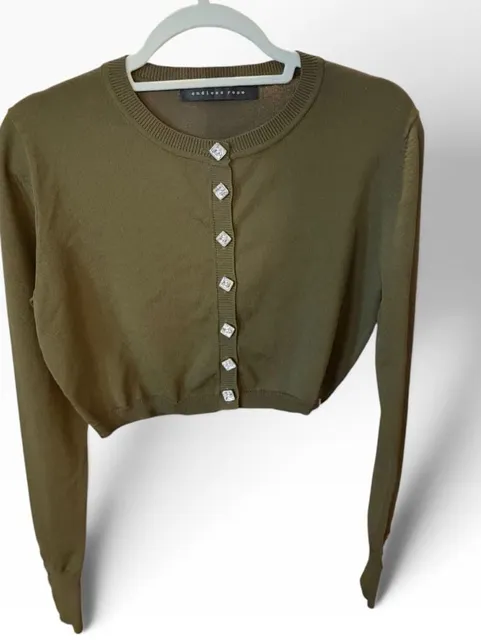 NWOT Anthro Nordstrom Endless Rose Cropped Cardigan Olive Rhinestone Buttons Small