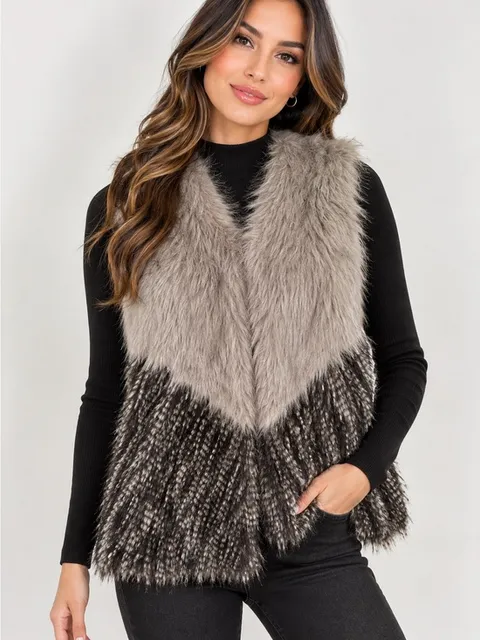 Yair’s Two-Tone Faux Fur Vest in Taupe and Black - Women's Sleeveless Coat M