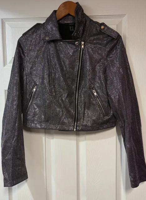 Forever 21 Metallic Moto Jacket Size M Black Silver Cropped Biker
