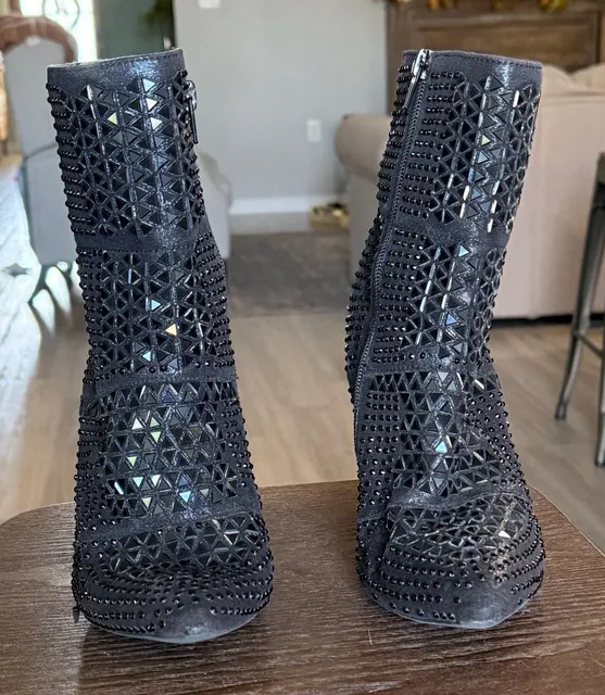Black Studded Rhinestone Heeled Ankle Boots