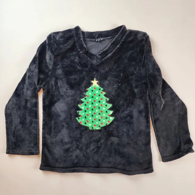 Cozy Christmas Tree Fuzzy Fleece V-Neck Pullover  Size L Holiday Lounge