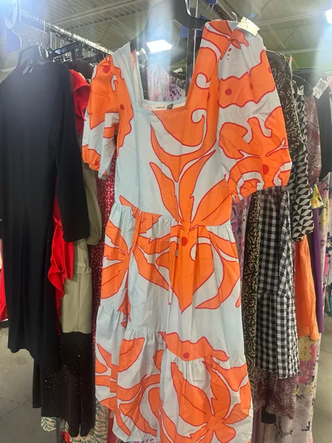 Maude Vivante Orange and Blue Graphic Print Square Neck Midi Dress