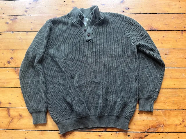 LL Bean Cotton Henley Sweater XXL-Tall Green Mock Neck Button Pullover