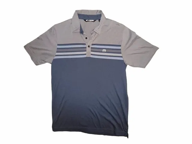 TravisMathew Striped Golf Polo Shirt Size S Gray Blue Short Sleeve