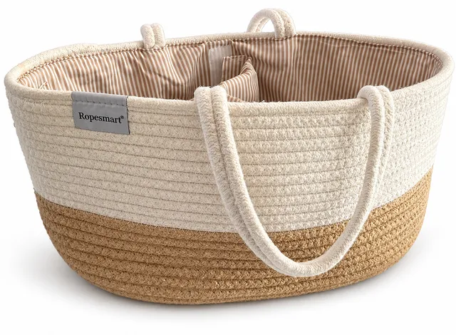 Ropesmart Cotton Rope Diaper Caddy Storage Basket Beige Brown Striped Lined