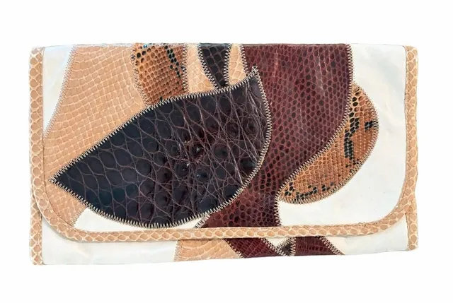 Vintage Shibui Patchwork Leather Clutch Reptile Snakeskin Envelope Bag Boho