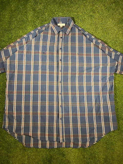 Basin and Range Plaid short Sleeve Button Down swimsuit cover Size M Blue
