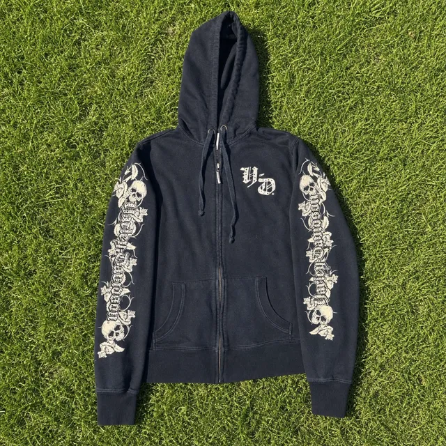 Y2K Harley-Davidson Zip-Up Hoodie Size M Black Skull Rose Graphic