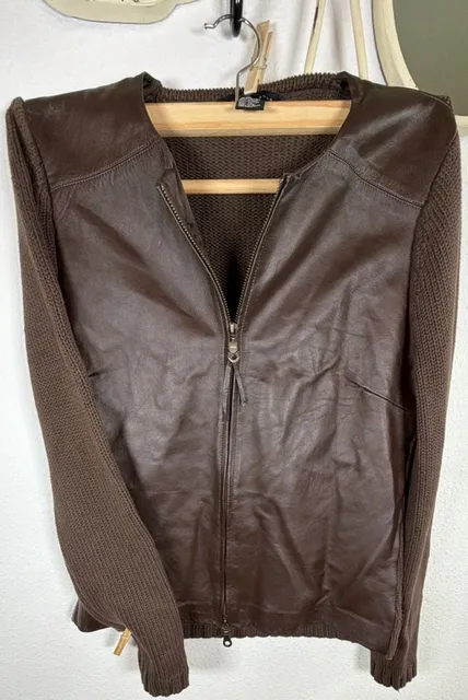 Maurice Sasson Real Leather Knit Sweater SO SASSY AND STYLISH !Jacket Size S Brown Full Zip