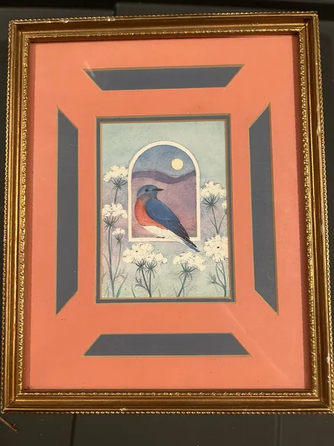 Vintage Framed Bluebird Watercolor Print Art