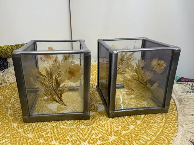 International Silver Company Glass Candle Holder Pressed Flowers Set Of Two