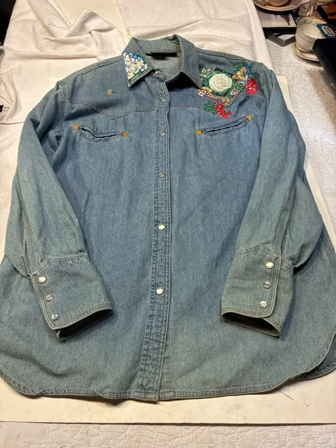 Woolrich Denim Shirt Size M Hand Painted Floral Western Long Sleeve