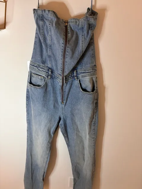 Pull&Bear Strapless Denim Corset Jumpsuit Light Wash XL